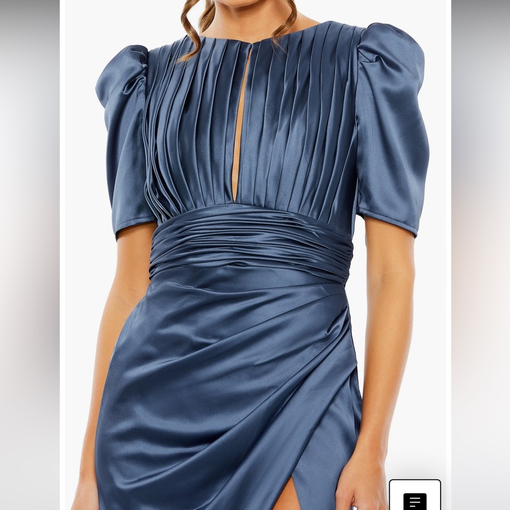 Mac Duggal Midnight Blue Satin Pleated Maxi Dress with High Slit - Picture 2 of 9